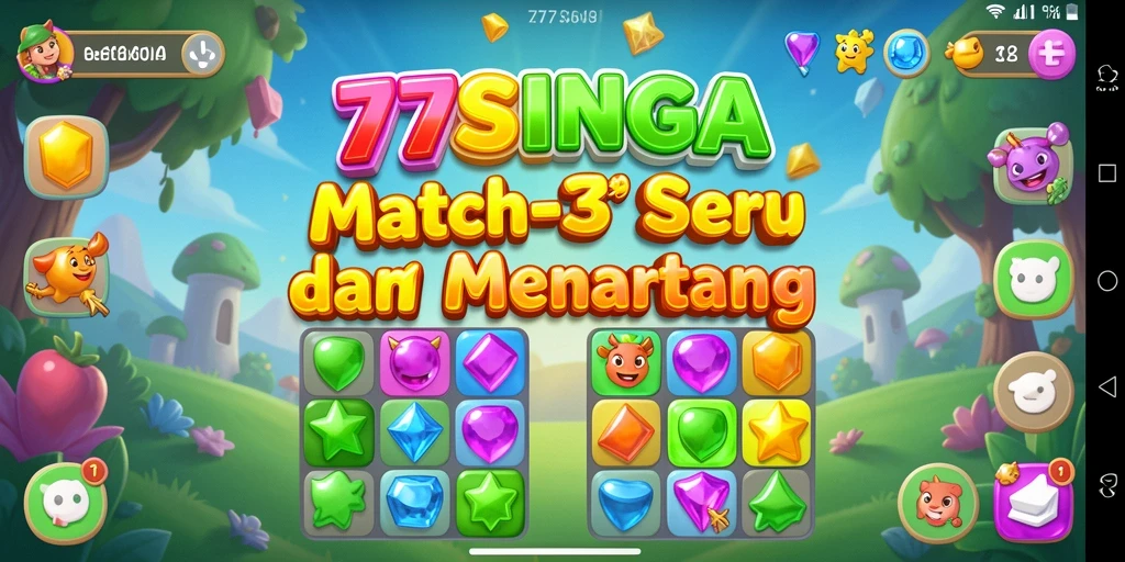 Screenshot gameplay 77SINGA menampilkan aksi seru mencocokkan item match-3.