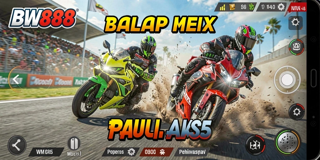 Screenshot menunjukkan gameplay balap motor yang intens dan seru.