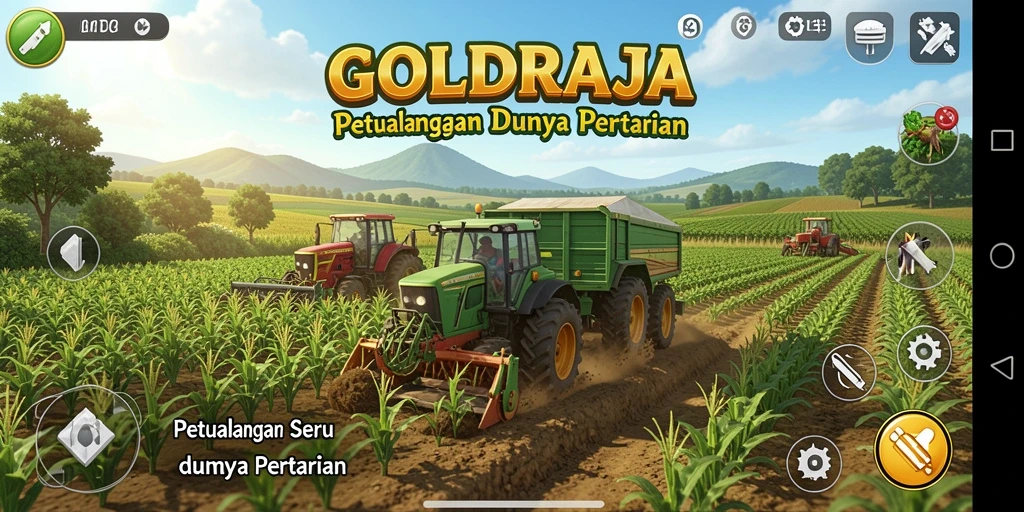 Tampilan screenshot gameplay <strong>GOLDRAJA</strong> yang menunjukkan dunia pertanian yang menawan.