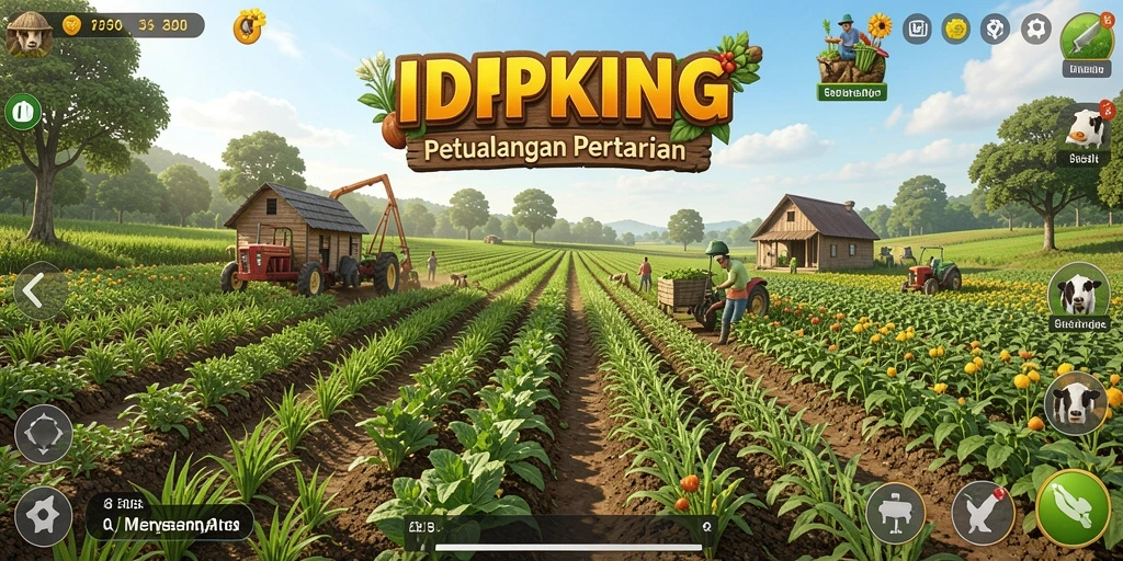 Tampilan gameplay IDPKING yang menampilkan lahan pertanian yang indah.