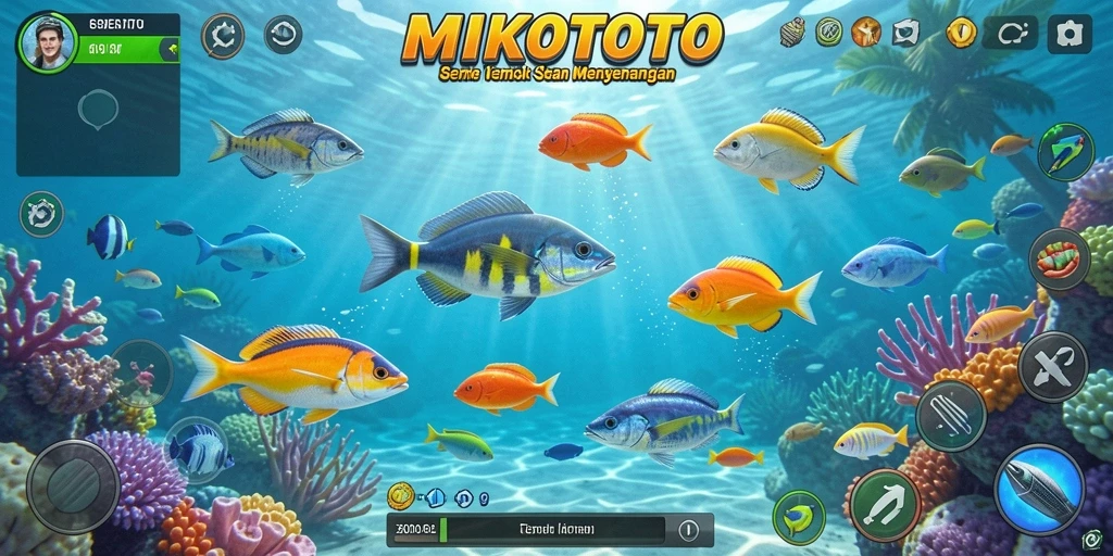 Tampilan gameplay MIKOTOTO saat menembak ikan di bawah laut.