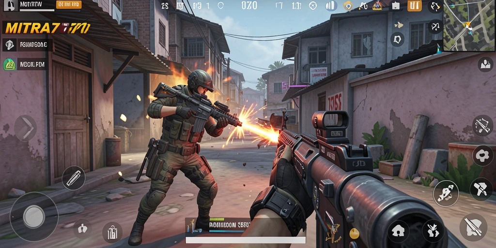 Screenshot gameplay MITRA77 dengan aksi tembak-menembak yang seru.
