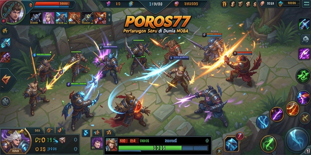 Screenshot utama POROS77 menampilkan aksi seru dalam pertempuran MOBA.