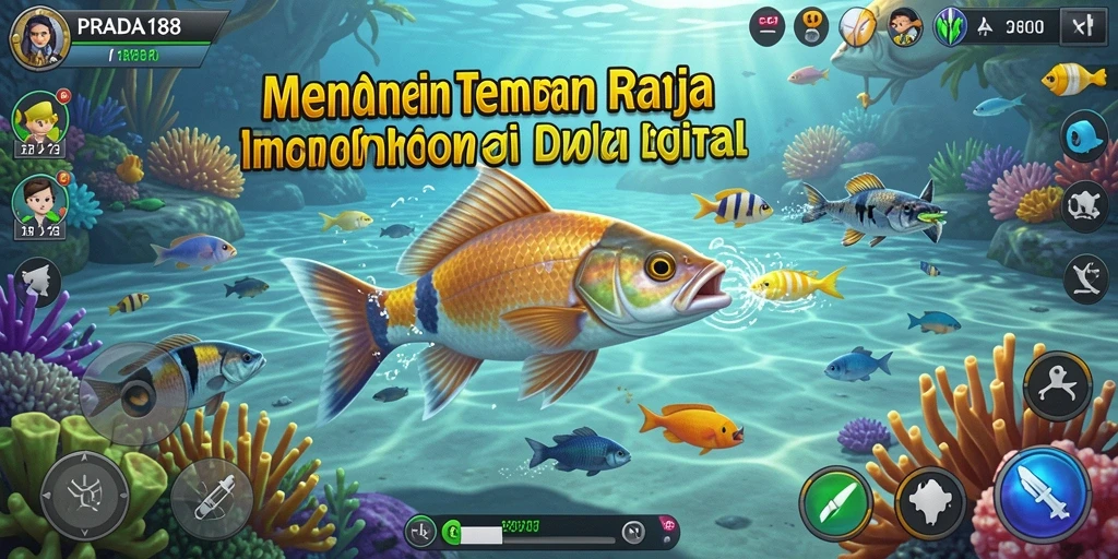 Tampilan gameplay PRADA188 dengan ikan berkilau dan senjata menarik.