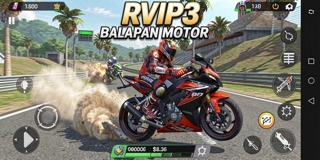 Screenshot gameplay RVIP3 yang menampilkan balapan motor mendebarkan.