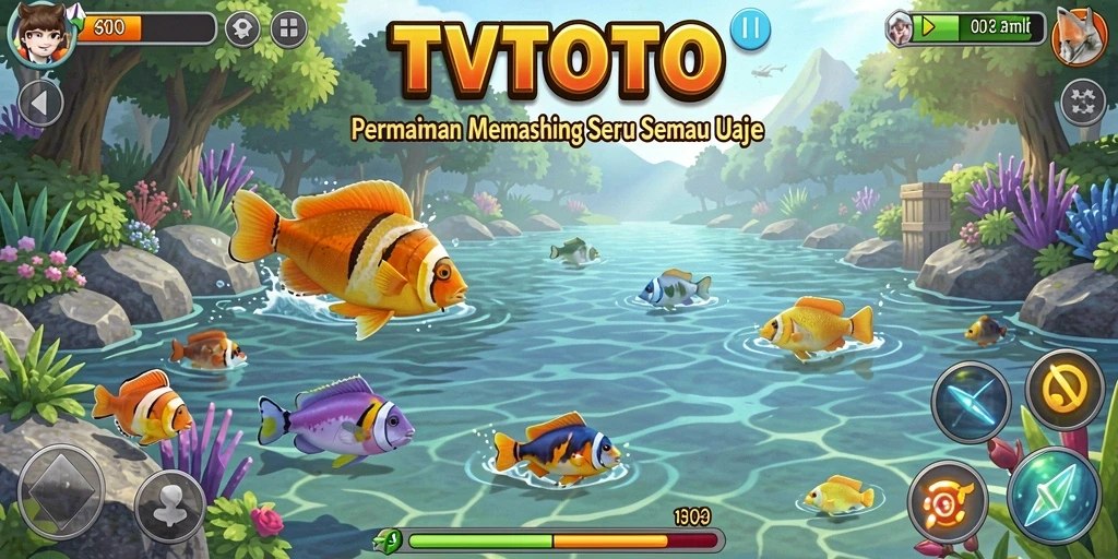 Screenshot permainan memancing TVTOTO dengan ikan besar di latar belakang.