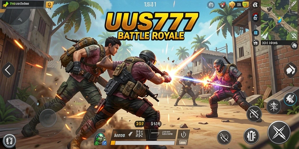 Screenshot gameplay UUS777 menunjukkan aksi intens Battle Royale.
