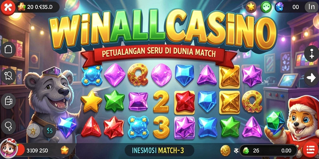 Screenshot WINALLCASINO menampilkan aksi gameplay Match-3 yang seru.